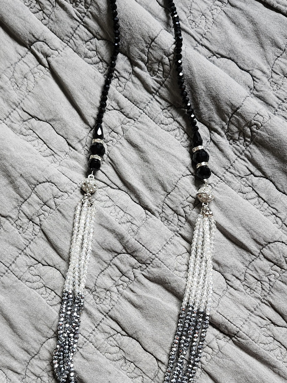 Elegant Black and Silver Multi-Strand Beaded Necklace 19 Inches Long